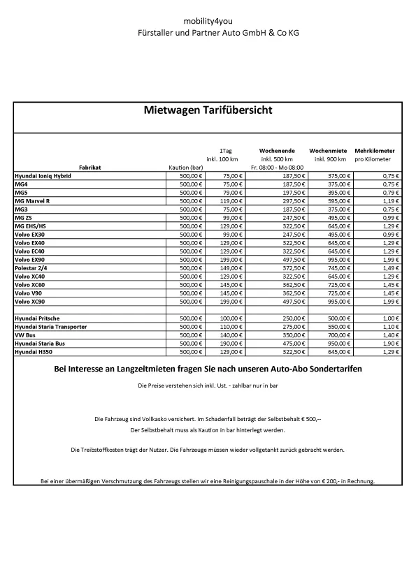 Preisliste Vermietung